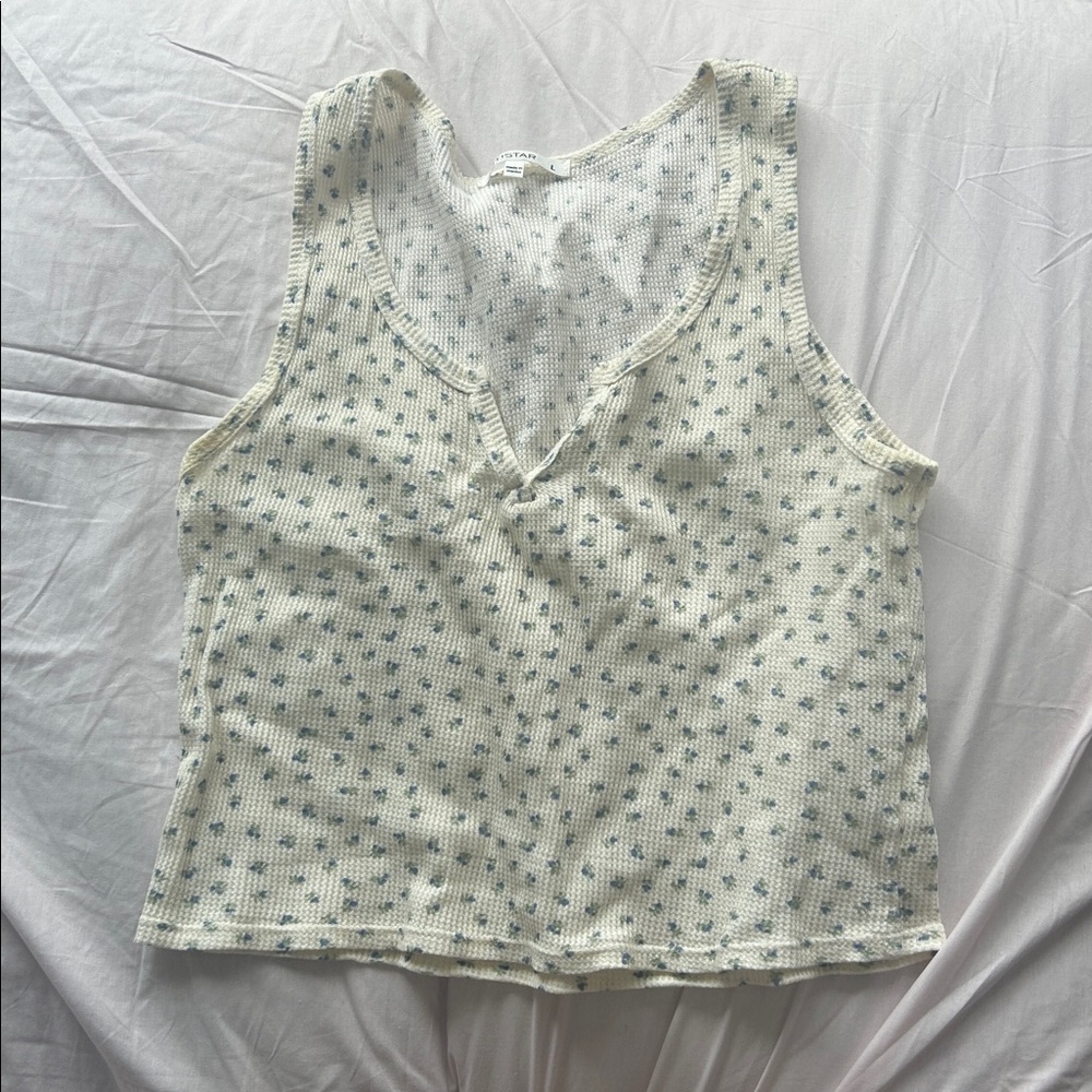 Cropped cream Ribbed Tank with Blue Flowers